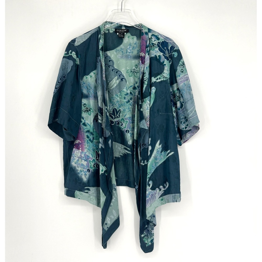 Citron Cardigan Womens 3X Blue Dragonfly Asian Floral Boho Waves Tropical Silk